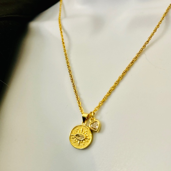 Dainty Gold plated necklace, rope chain, cz evil eye and heart charms - Picture 1 of 6